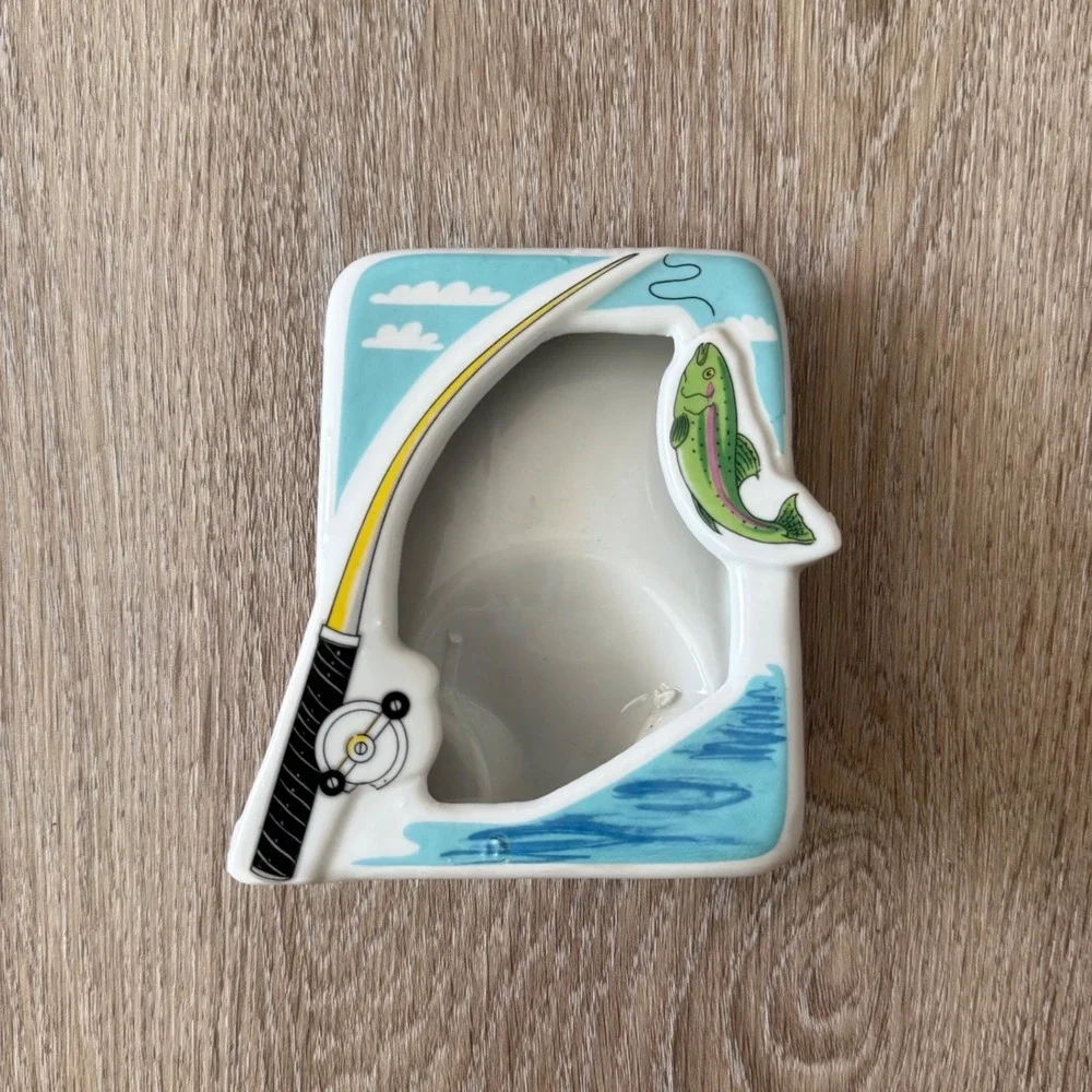 VTG Ceramic Fishing Picture Frame Trout Rod Reel Novelty Tabletop Decor 5x4.5